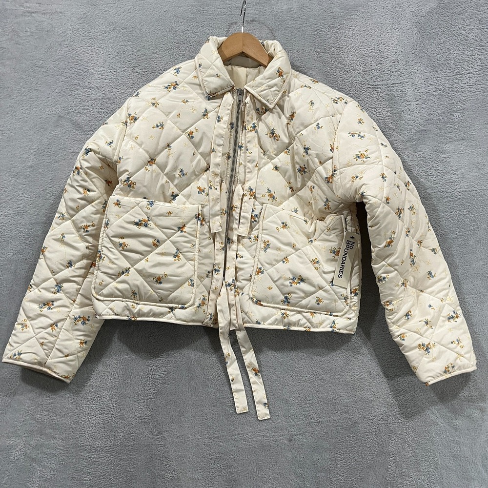 No Boundaries Quilted Jacket Womens Large Floral Full Zip Lined Tie Front
